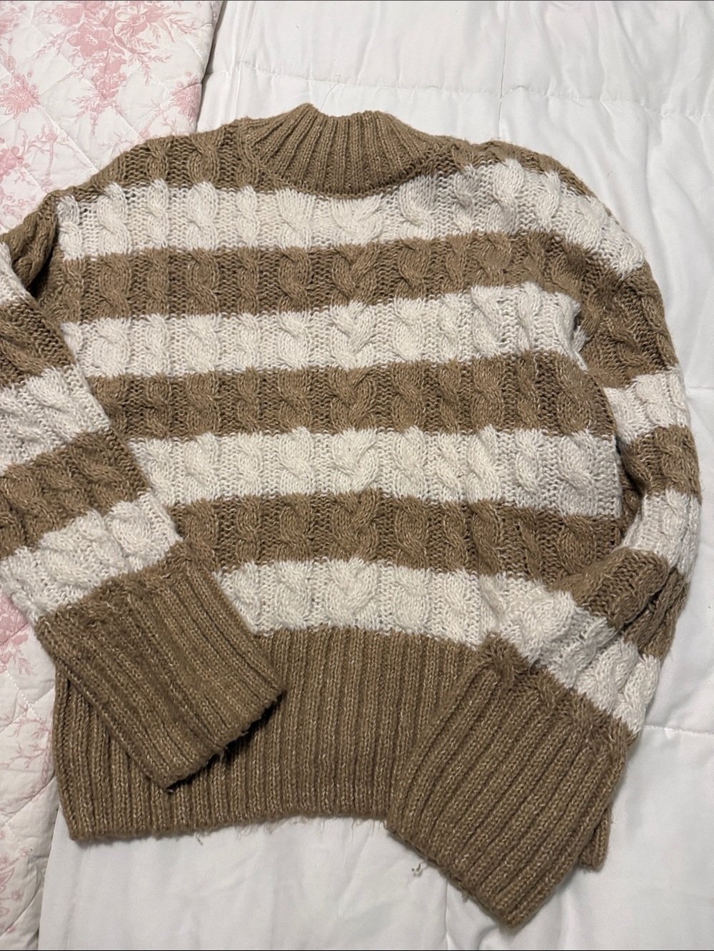 Love Tree Taupe and Cream Striped Cable Turtleneck Sweater
